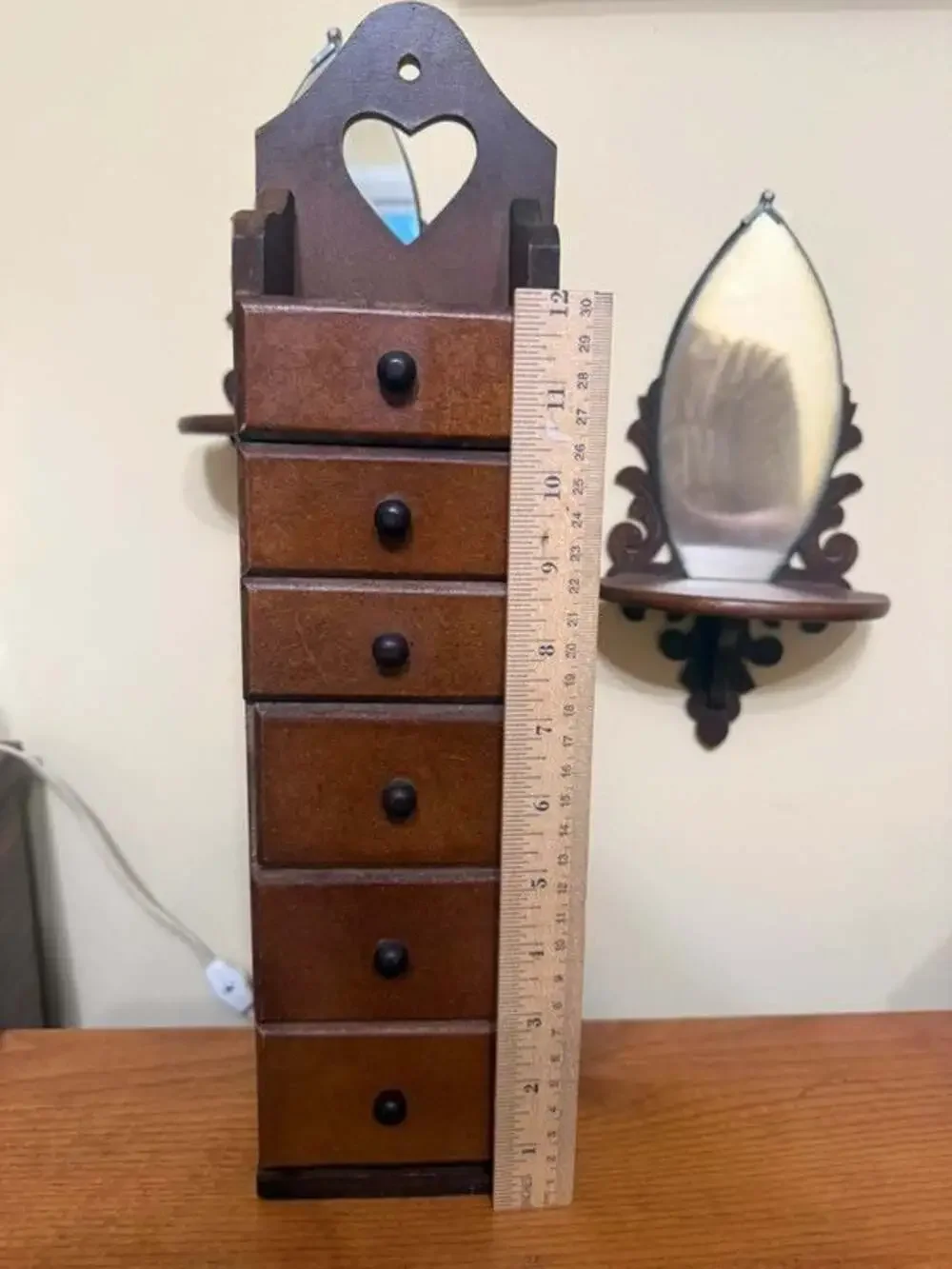 Vintage Vertical 6-Drawer Wooden Apothecary Cabinet with Heart Cutout
